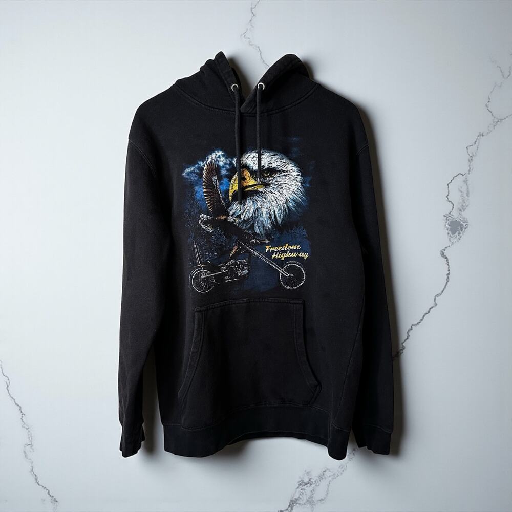 PACSUN Freedom Highway Mens Eagle Motorcycle Graphic Pullover Hoodie Black Large